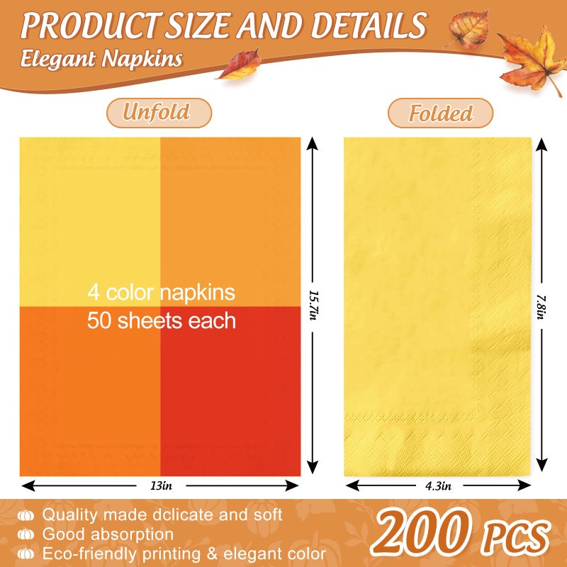 JarThenaAMCS 200 قطعة من مناديل ضيوف الخريف برتقالي أصفر خريفي 4 ألوان للاستعمال مرة واحدة مناديل ورقية للعشاء للاستعمال مرة واحدة للحمام وحفلات الشكر ومستلزمات الطاولة - Image 2